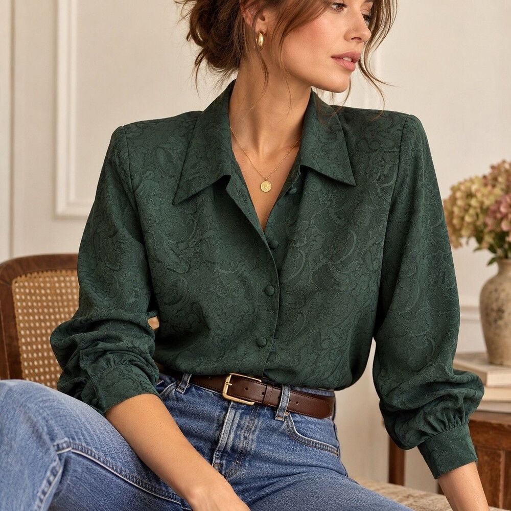 Vintage Christie & Jill Emerald Green Jacquard Paisley Blouse 80s 90s Size 10